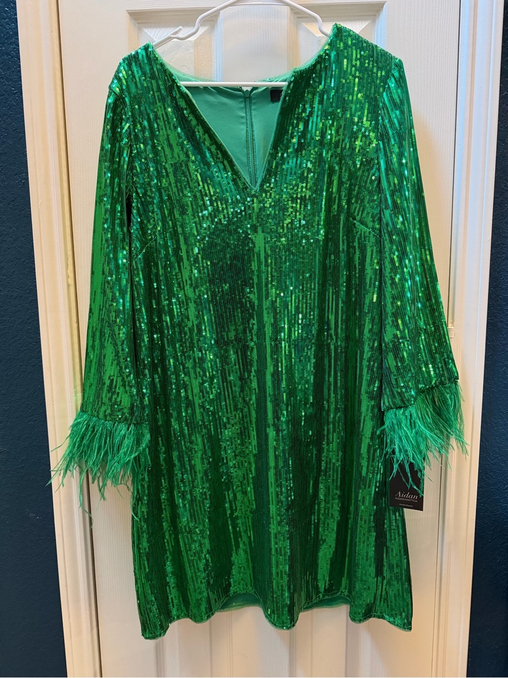 Aidan Mattox Green Sequin Dress with Feather Cuffs NWT